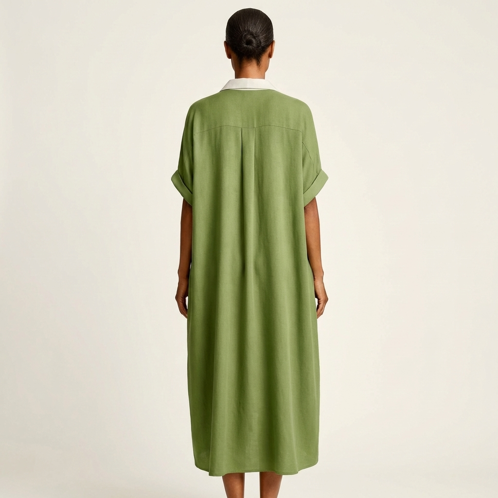 Kamira | Abito Camicia Maxi con Collo a Contrasto e Maniche Corte