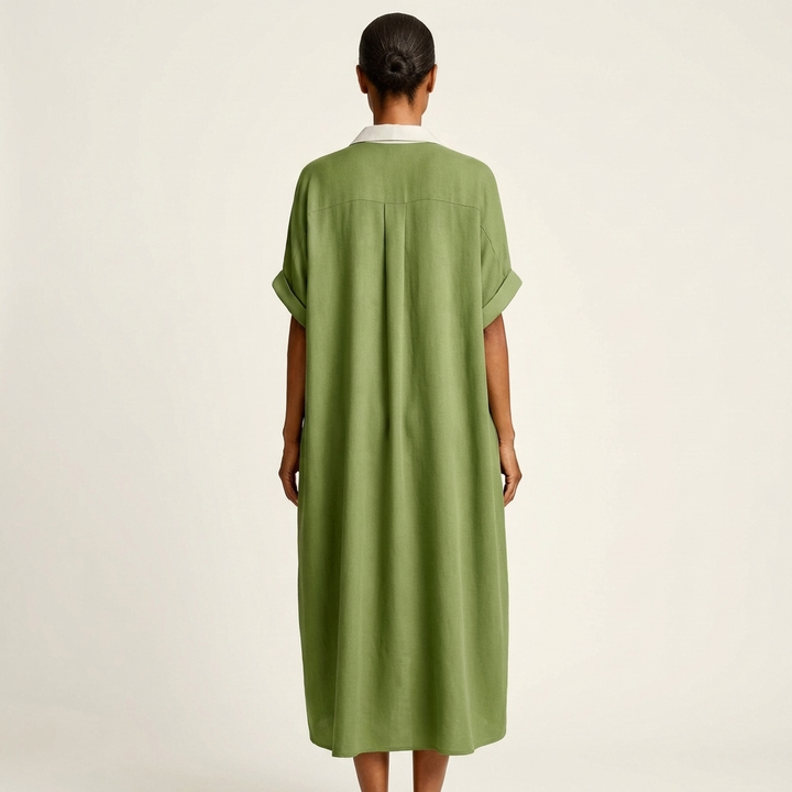 Kamira | Abito Camicia Maxi con Collo a Contrasto e Maniche Corte