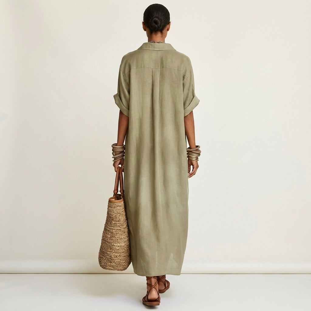 Kamira | Abito Camicia Maxi con Collo a Contrasto e Maniche Corte