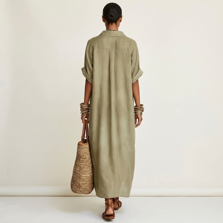 Kamira | Abito Camicia Maxi con Collo a Contrasto e Maniche Corte