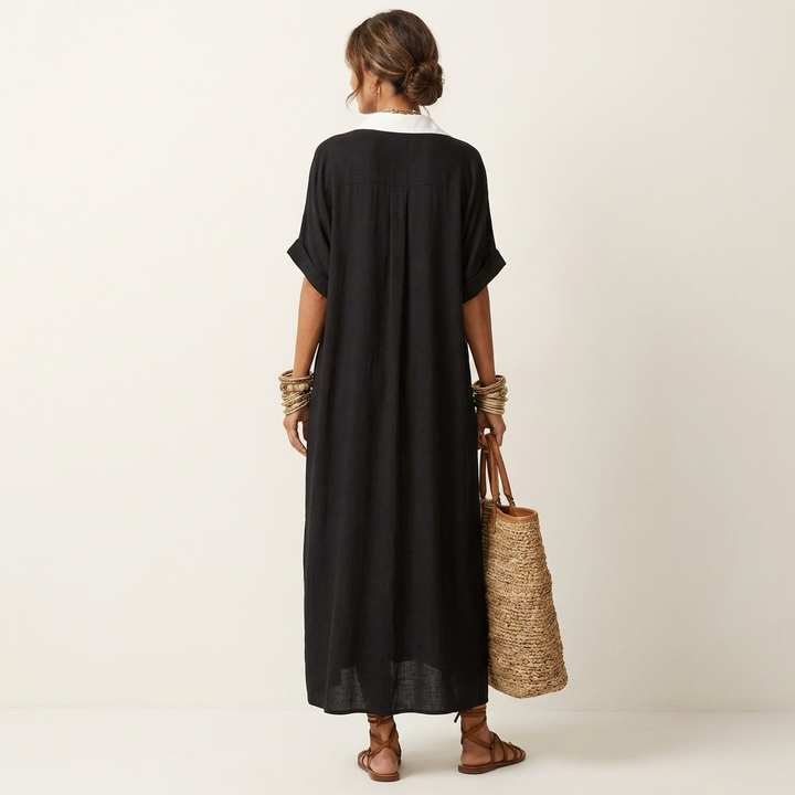 Kamira | Abito Camicia Maxi con Collo a Contrasto e Maniche Corte