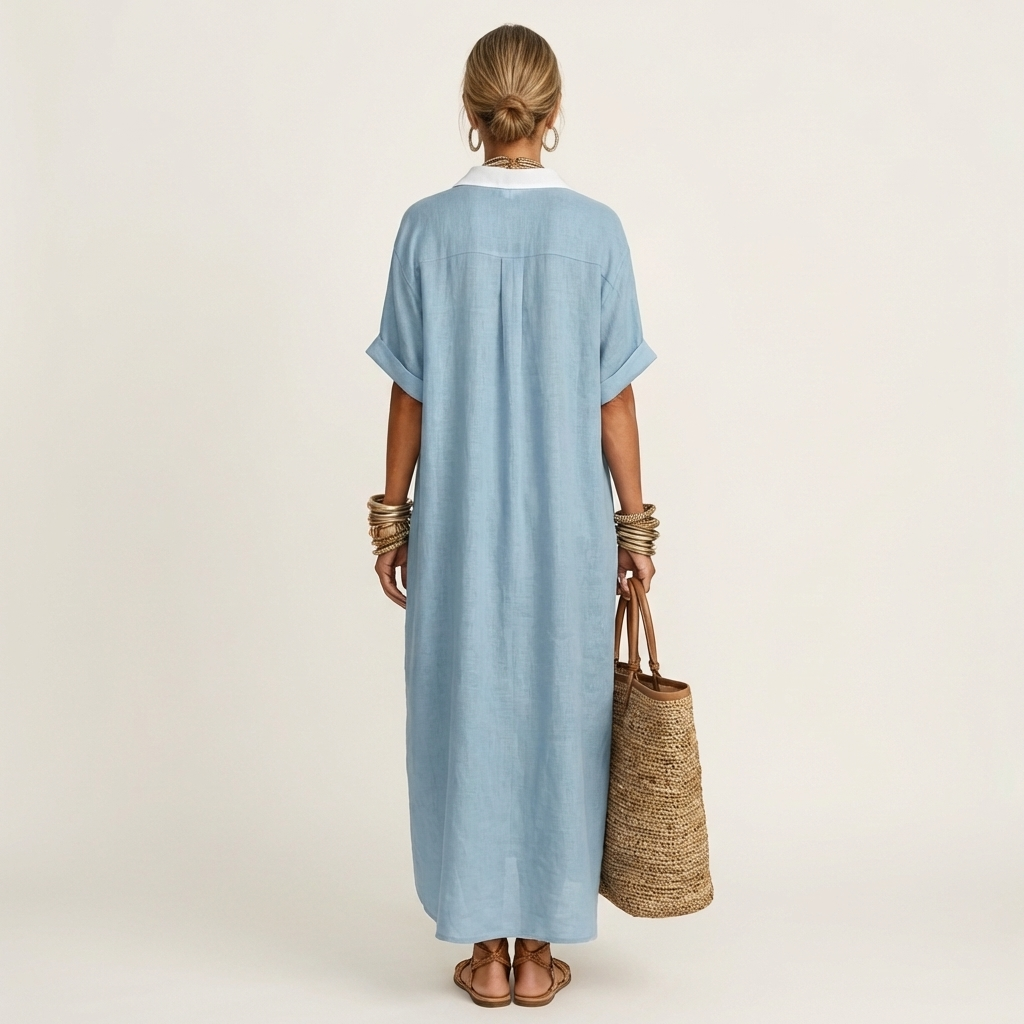 Kamira | Abito Camicia Maxi con Collo a Contrasto e Maniche Corte