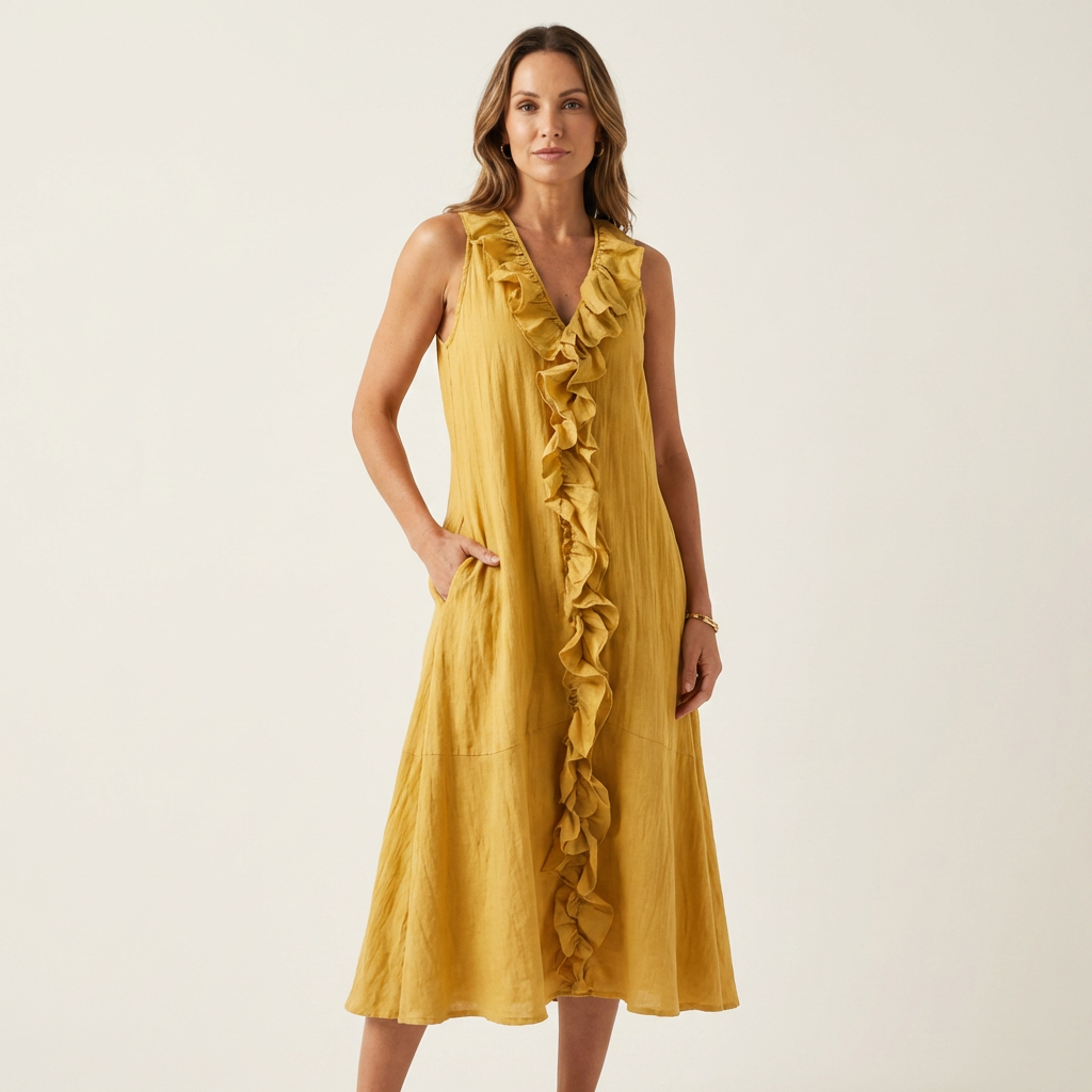 Vicky | Abito Maxi in Lino Senza Maniche con Rouches Frontale
