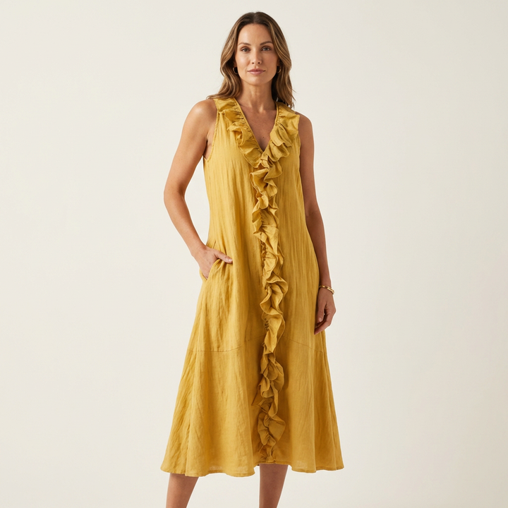 Vicky | Abito Maxi in Lino Senza Maniche con Rouches Frontale