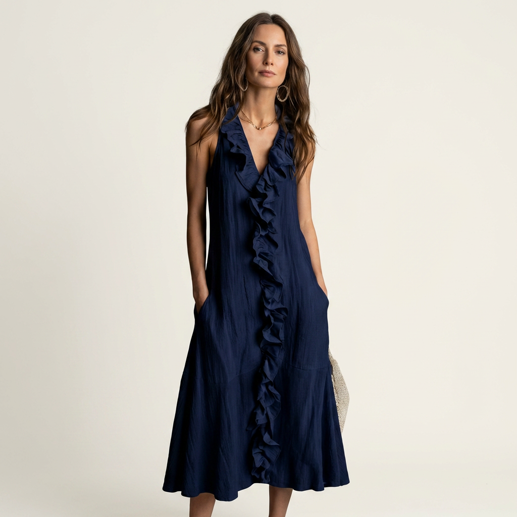 Vicky | Abito Maxi in Lino Senza Maniche con Rouches Frontale