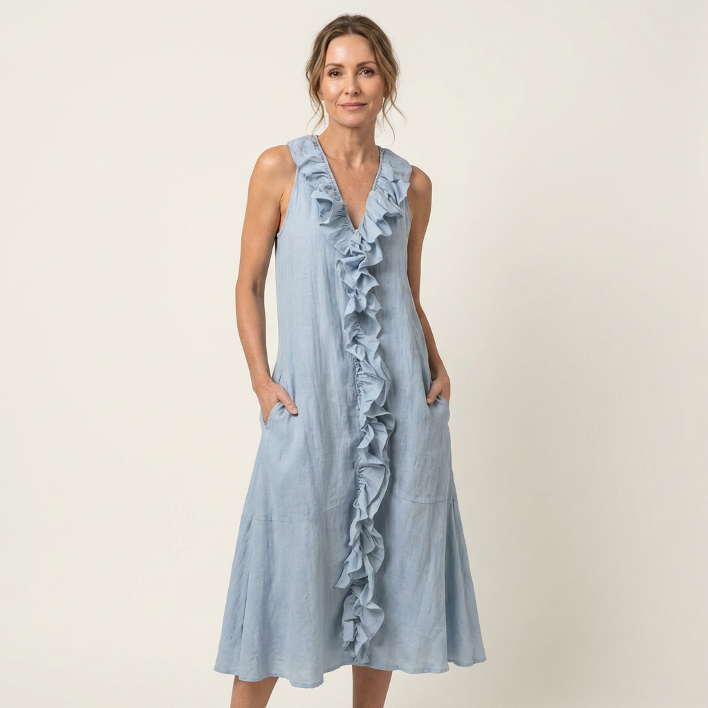 Vicky | Abito Maxi in Lino Senza Maniche con Rouches Frontale