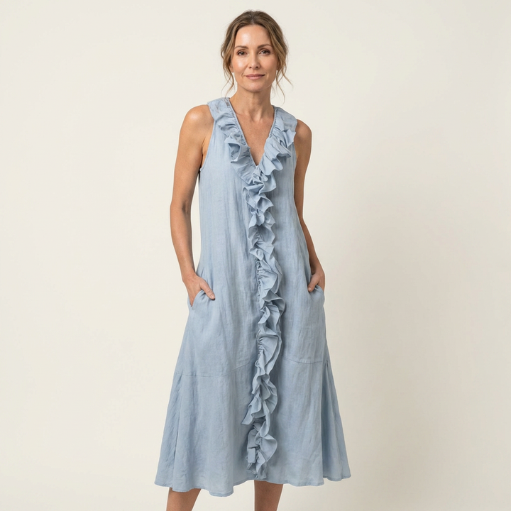 Vicky | Abito Maxi in Lino Senza Maniche con Rouches Frontale