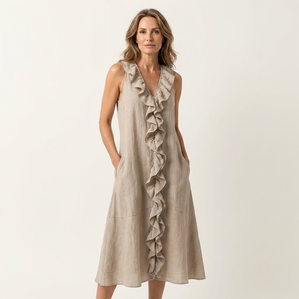 Vicky | Abito Maxi in Lino Senza Maniche con Rouches Frontale