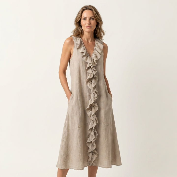 Vicky | Abito Maxi in Lino Senza Maniche con Rouches Frontale