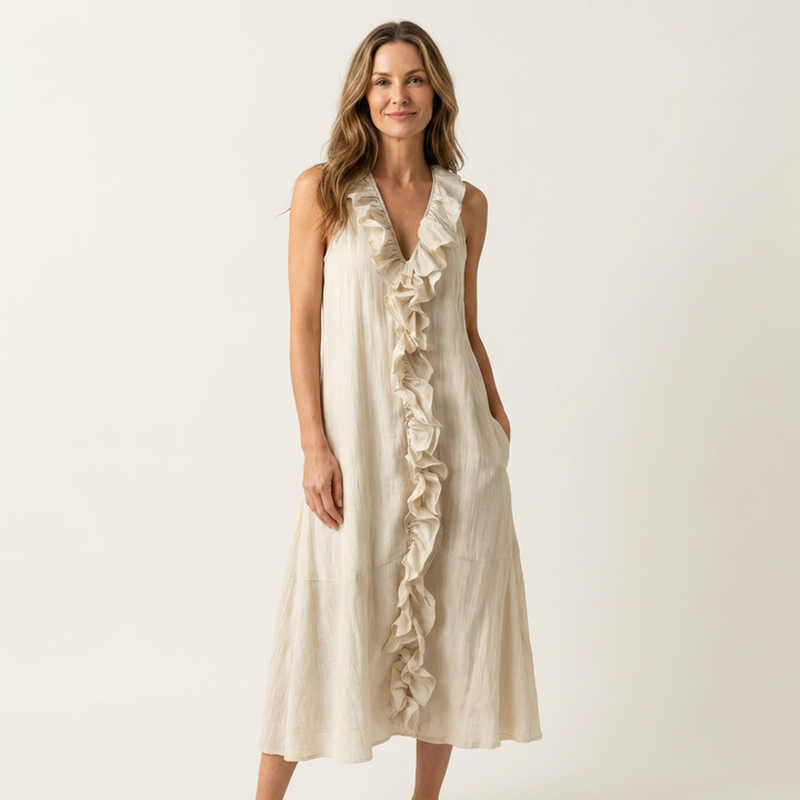 Vicky | Abito Maxi in Lino Senza Maniche con Rouches Frontale