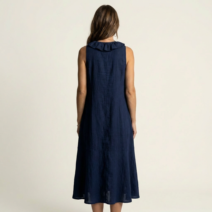 Vicky | Abito Maxi in Lino Senza Maniche con Rouches Frontale
