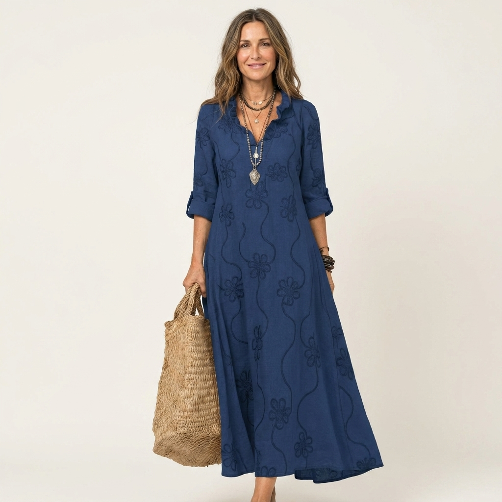 Mariam | Abito Maxi con Ricamo Floreale Tonale