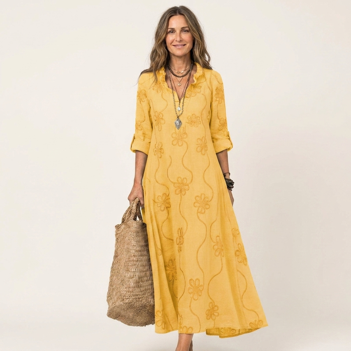 Mariam | Abito Maxi con Ricamo Floreale Tonale