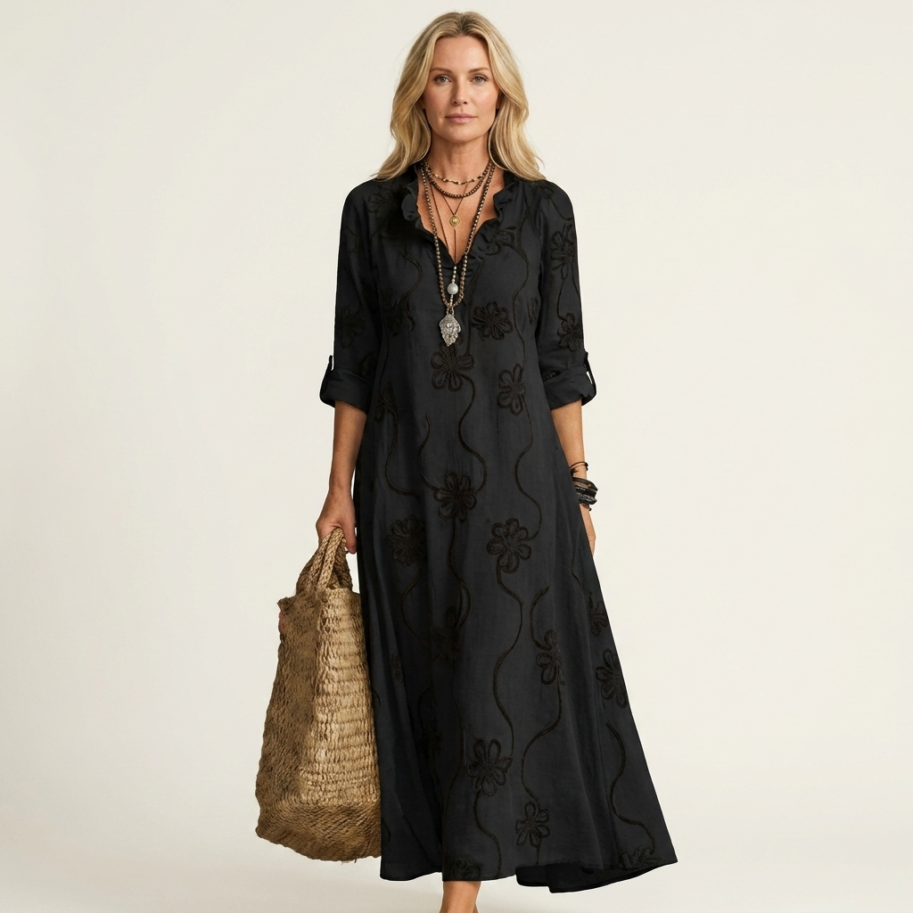 Mariam | Abito Maxi con Ricamo Floreale Tonale