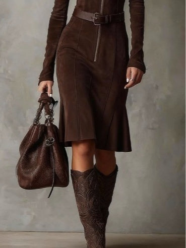 ROWENO | ABITO MIDI MARRONE CON ZIP E CINTURA