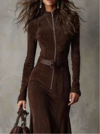 ROWENO | ABITO MIDI MARRONE CON ZIP E CINTURA