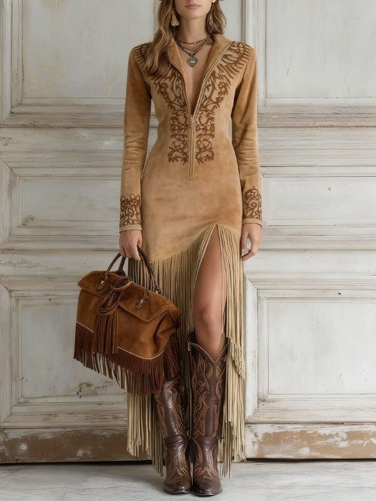 BEATRICE | ABITO MAXI IN CAMOSCIO SINTETICO CON FRANGE
