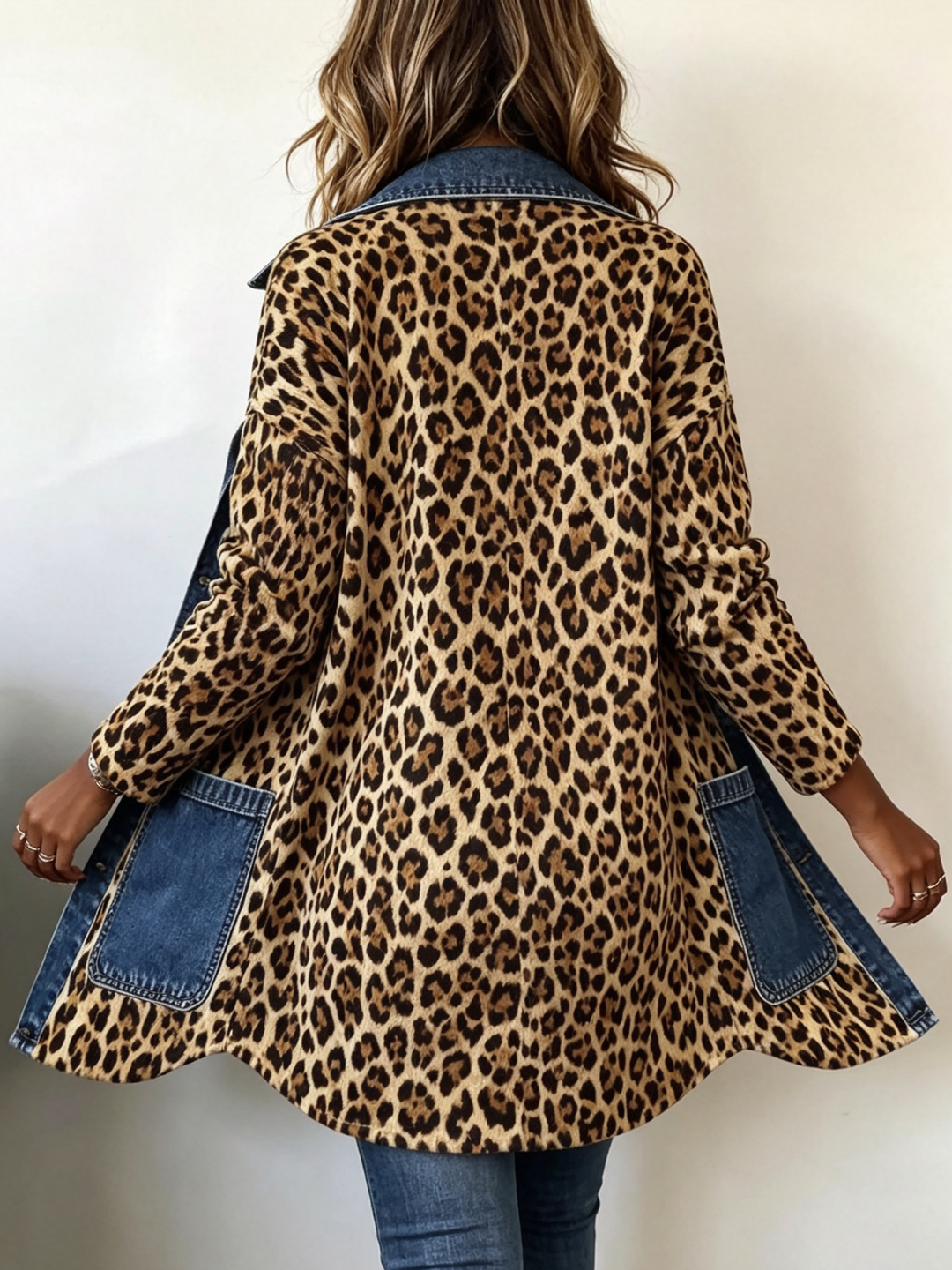 Fablenne | Giacca Lunga in Denim con Stampa Leopardo