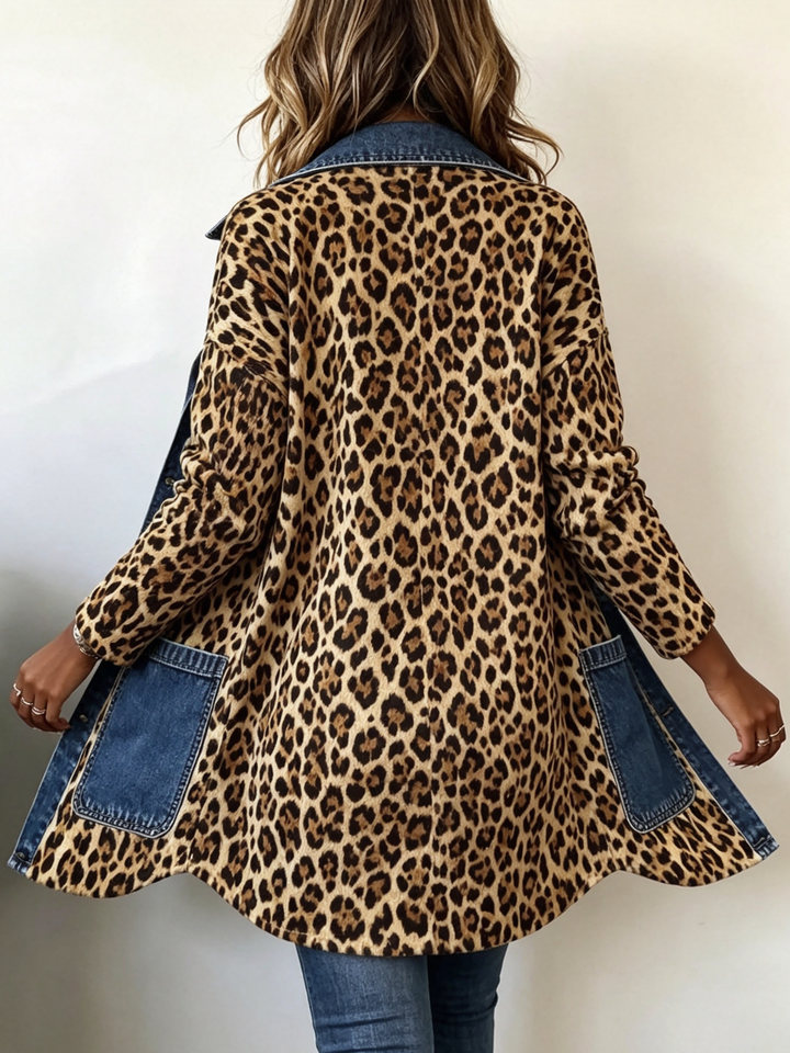 Fablenne | Giacca Lunga in Denim con Stampa Leopardo