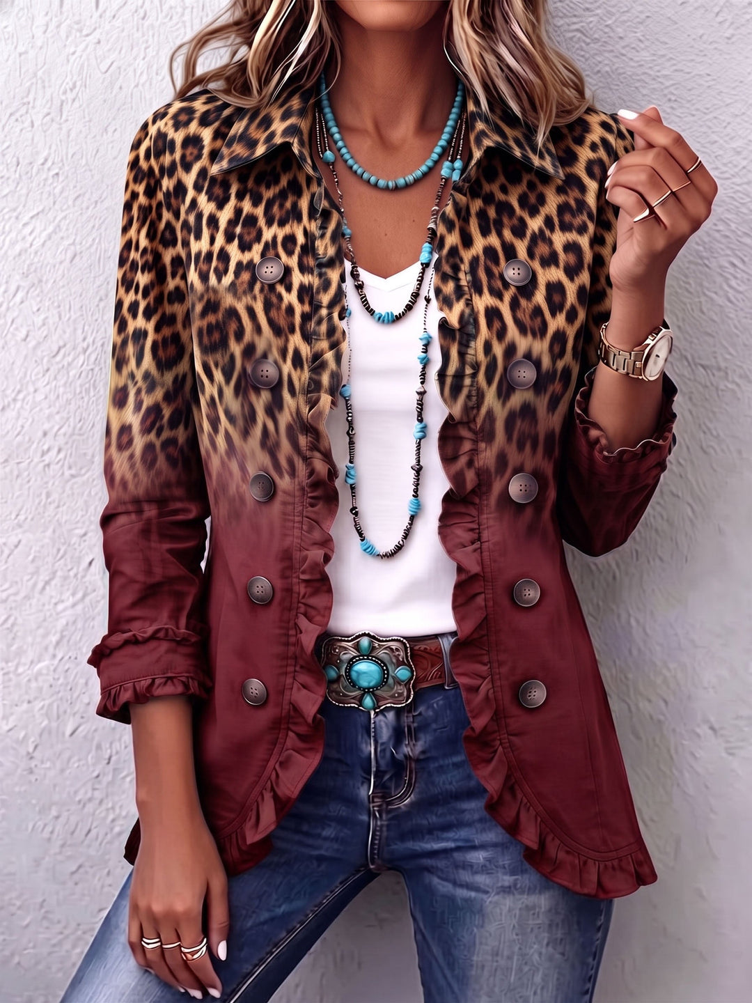 Elspeth | Blazer con Volant e Stampa Leopardo Sfumata