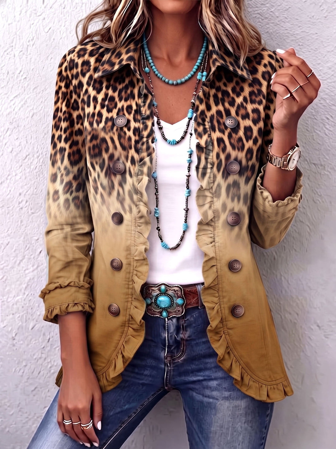 Elspeth | Blazer con Volant e Stampa Leopardo Sfumata