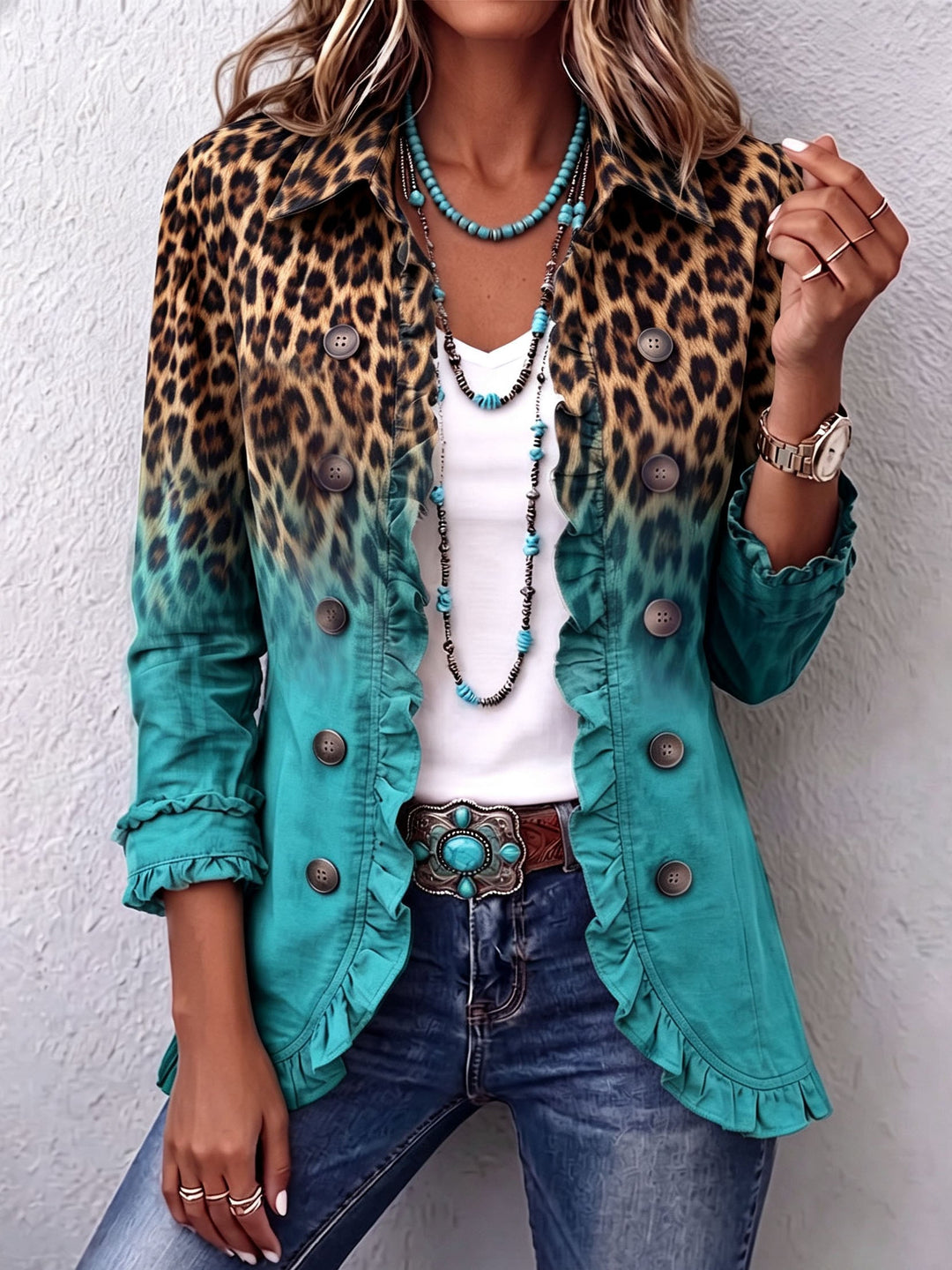 Elspeth | Blazer con Volant e Stampa Leopardo Sfumata