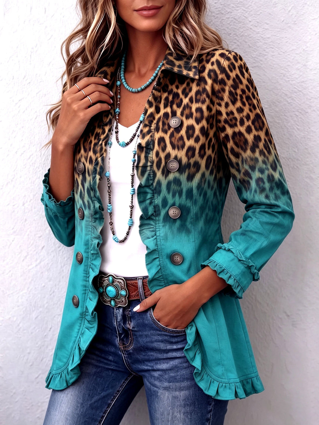 Elspeth | Blazer con Volant e Stampa Leopardo Sfumata