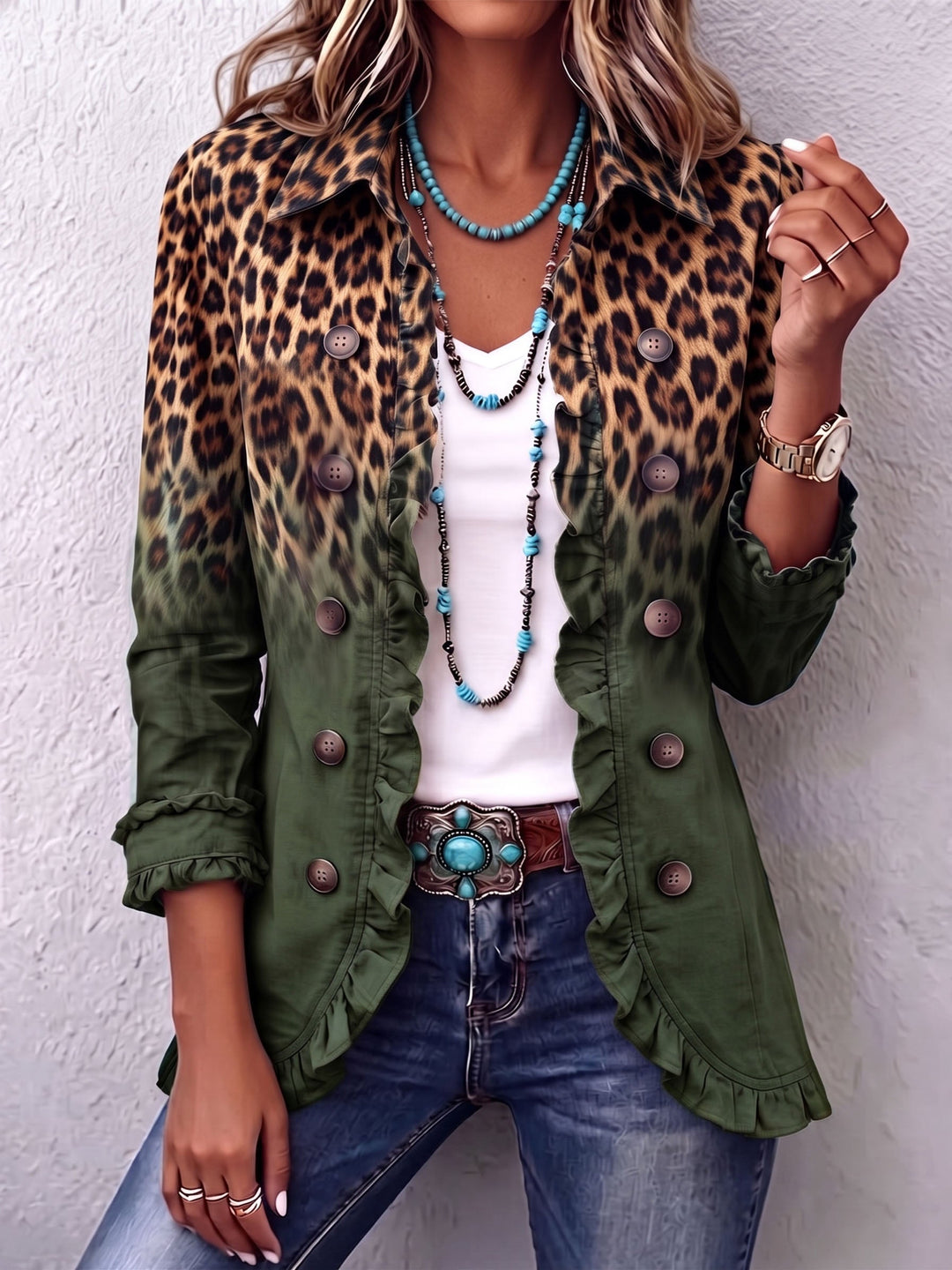 Elspeth | Blazer con Volant e Stampa Leopardo Sfumata