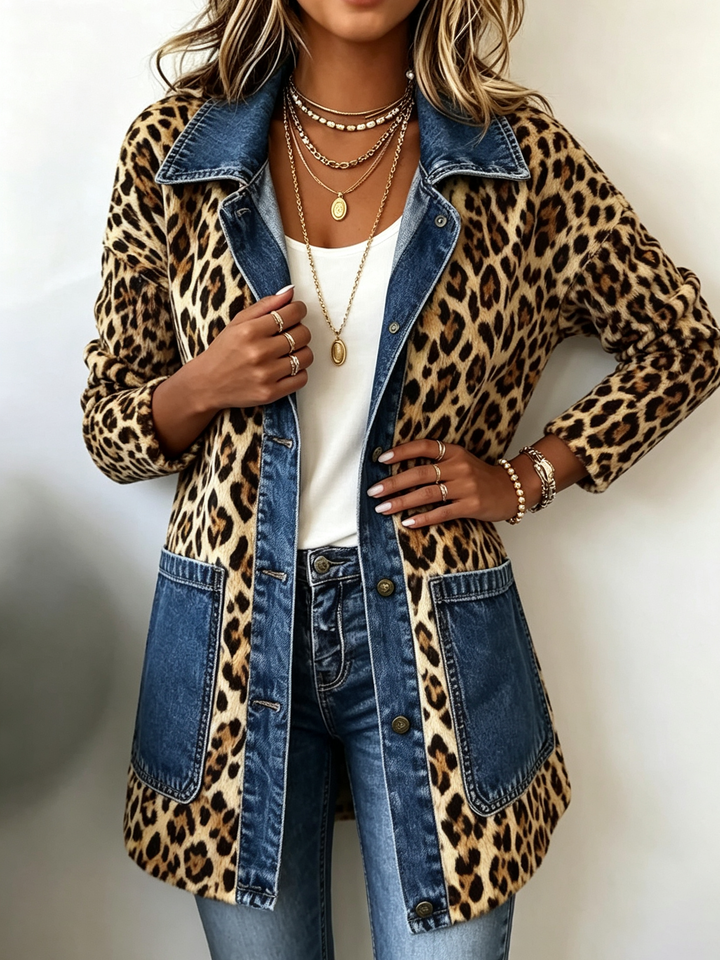 Fablenne | Giacca Lunga in Denim con Stampa Leopardo