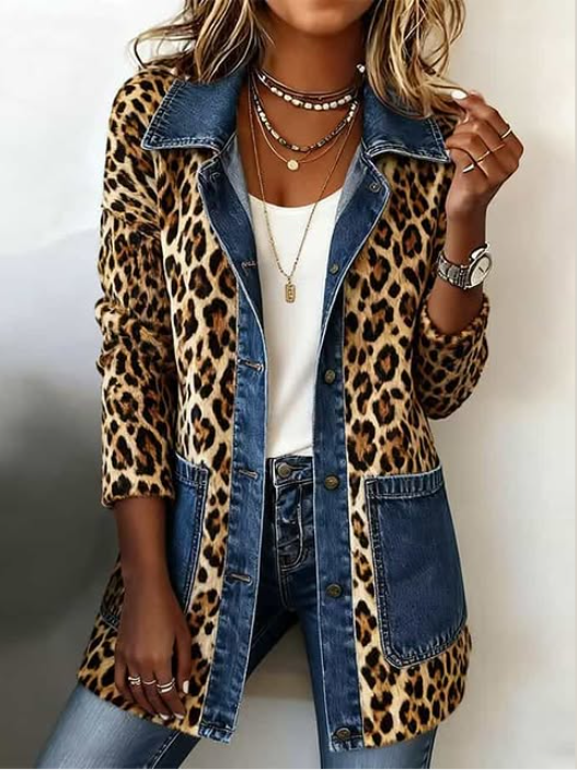 Fablenne | Giacca Lunga in Denim con Stampa Leopardo