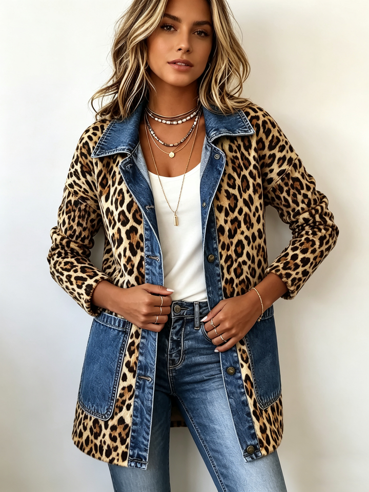 Fablenne | Giacca Lunga in Denim con Stampa Leopardo