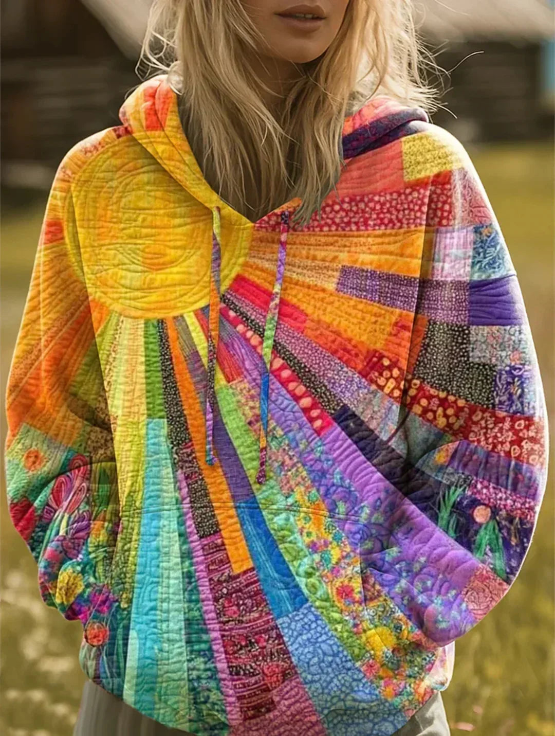 Daniela | Felpa Donna Boho Patchwork con Cappuccio